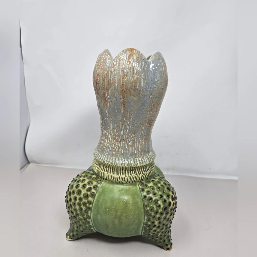 Unique One Of A Kind Ceramic Vase Tulip Shape Top 3D Polka Dots Of Green 3 Legs